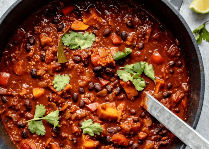 Black Bean, Sweet Potato and Quinoa Chili in a large pot