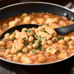 Black bowl with chicken soup and chickpeas.