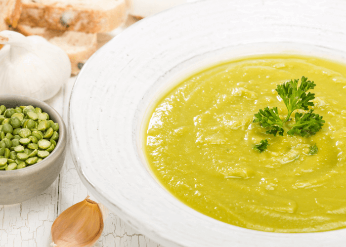 A white bowl of Split Pea Soup