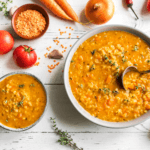 Lentil Soup in a white bowl with tomatoes , onions