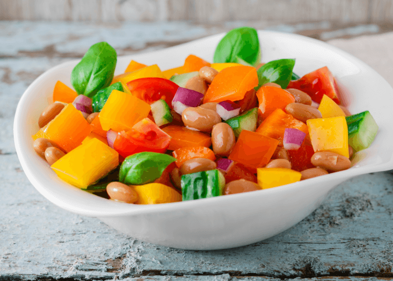 Garden Cannellini Bean Salad with tomatoes, chopped bell peppers, diced red onion, and white beans