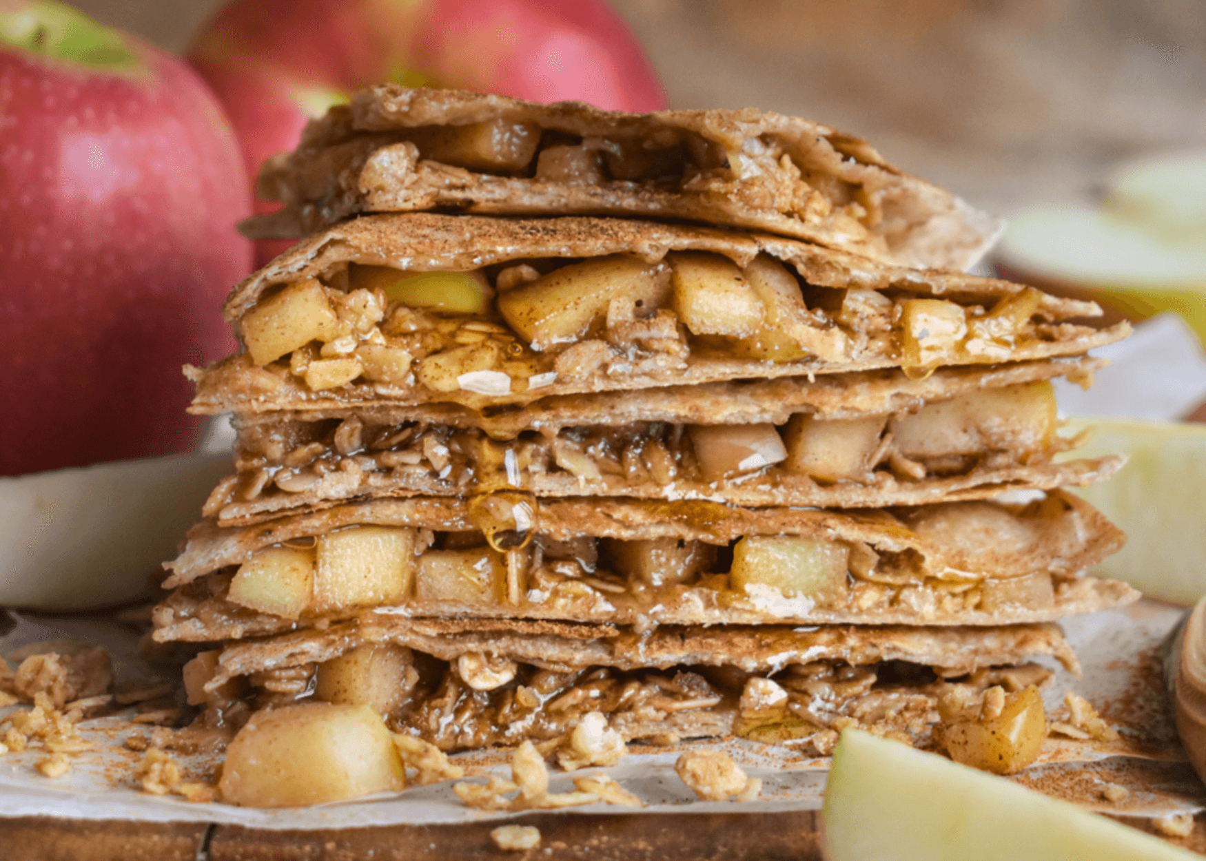 Quesadilla with chopped apples, cinnamon, and oats