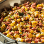 Potatoes and beef hash in a pan