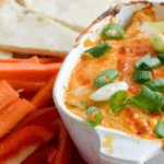 Cottage Cheese Buffalo Chicken Dip with red peppers and tortillas