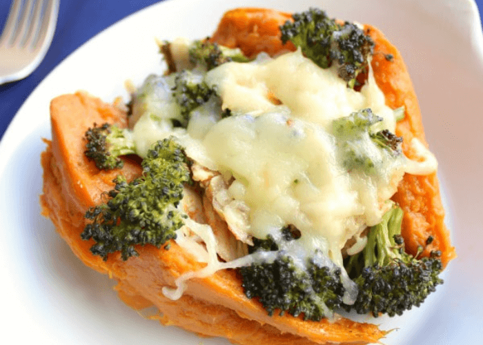 BBQ Stuffed Sweet Potatoes with cheese and broccoli