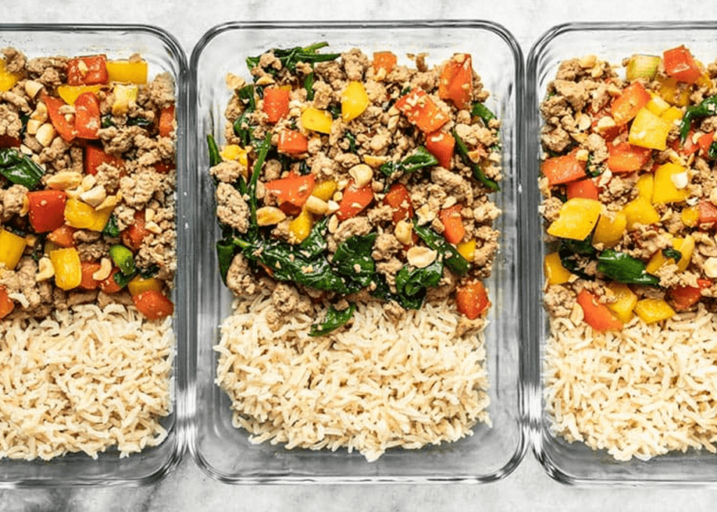 Ground Turkey Stir Fry in 3 containers with brown rice