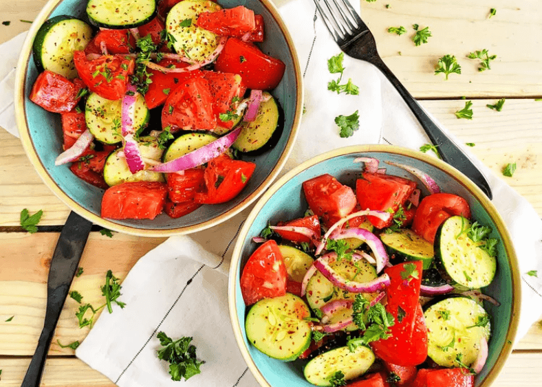 Marinated Cucumber & Tomato Salad in two bowls