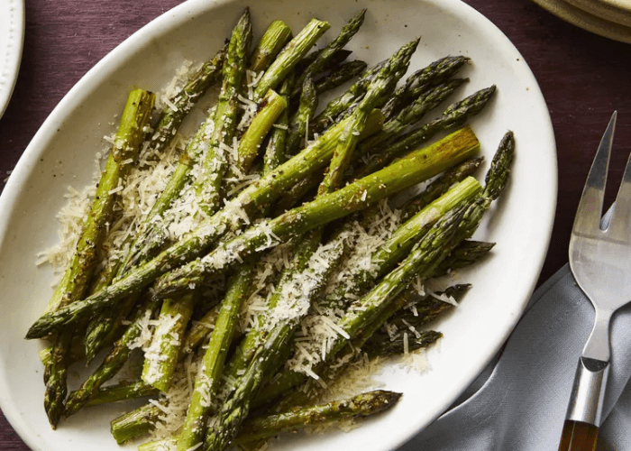 Roasted Asparagus with Parmesan on a serving plate