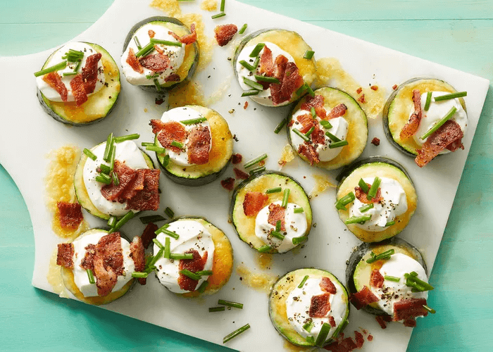 Loaded Zucchini Bites with sour cream, chives, bacon bits