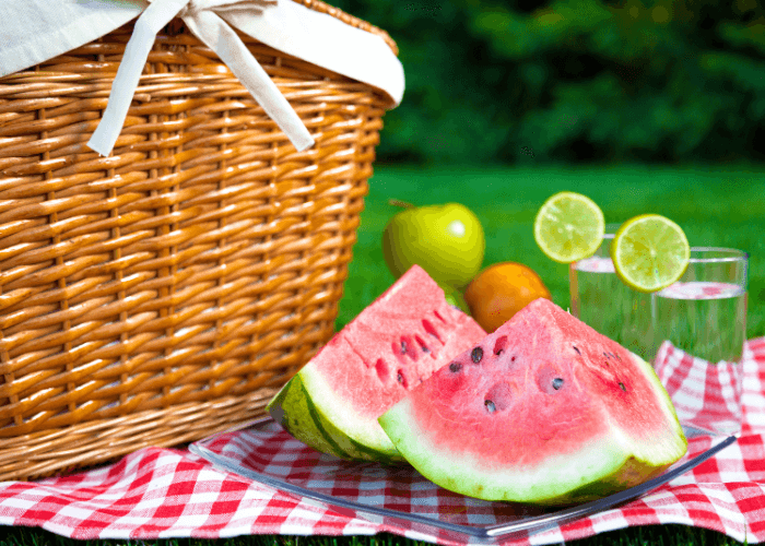 Picnic basket on a checkered blanket with sliced watermelon