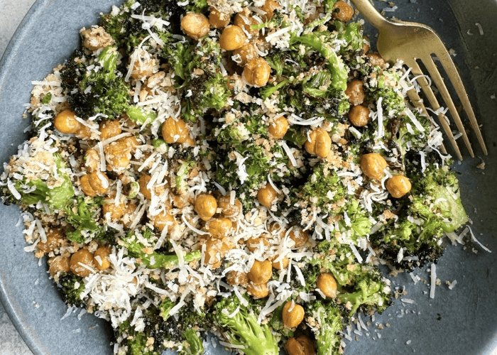 Broccoli Caesar Salad with Crispy Chickpeas with a fork