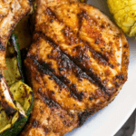 Grilled Pork Chops with zucchini and corn on the cob