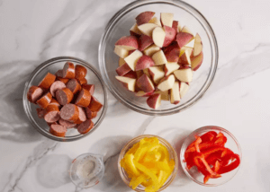 Kielbasa with Peppers and Potatoes ingredients in separate bowls