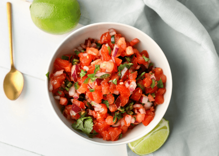 Watermelon Salsa with red onion, bell pepper, lime juice.