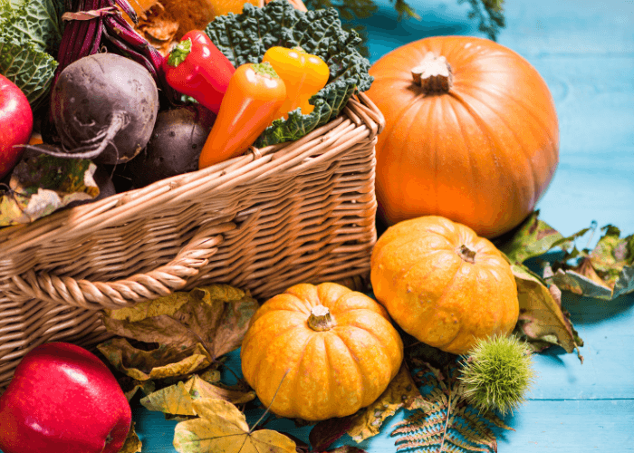 Fall produce with pumpkins, and a basket of beets, peppers, and kale