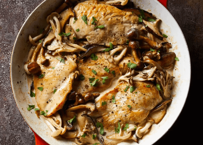 Creamy Chicken & Mushrooms in a skillet