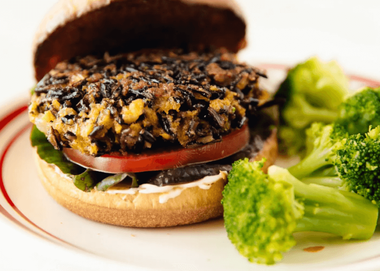 Wild Rice Hamburgers on a bun with broccoli florrets