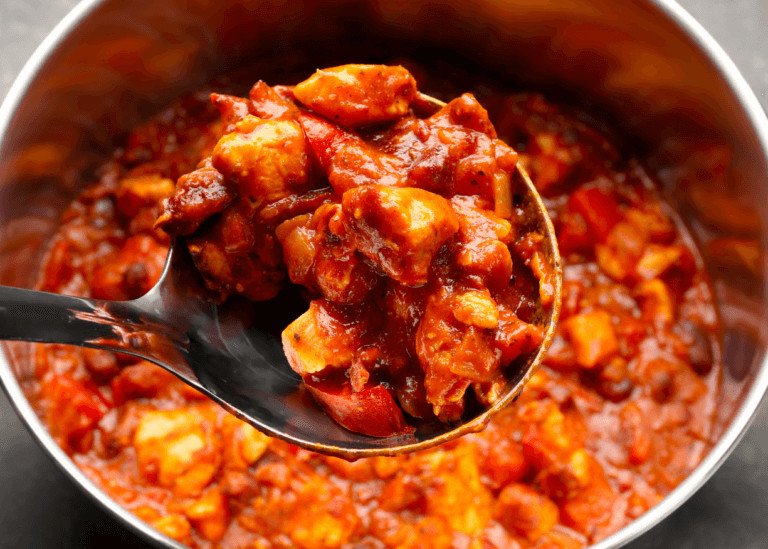 Healthy Turkey Chili in a pot with tomatoes