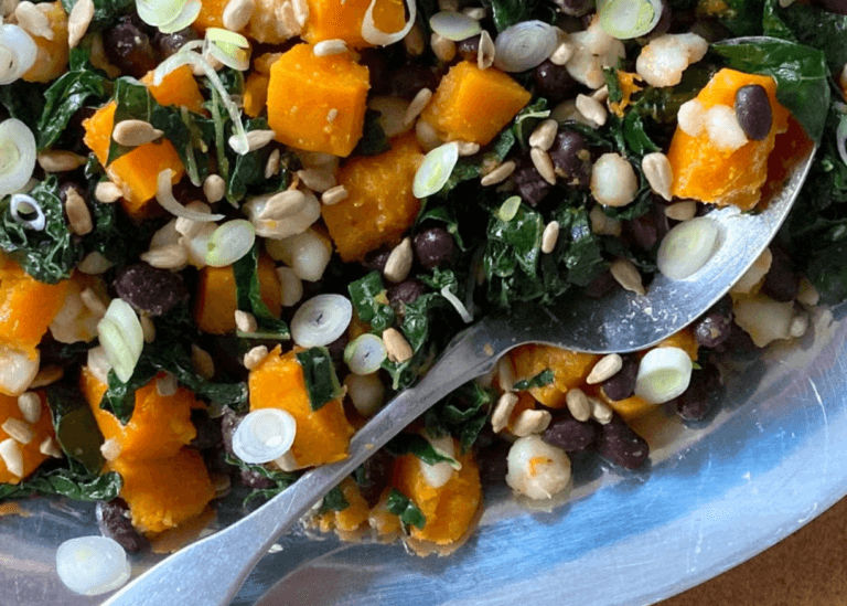 Three Sisters Dish with diced squash, green onions, hominy, and black beans