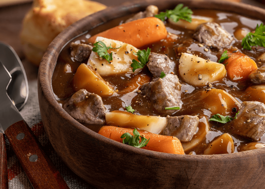 Wahonpi Soup with beef cubes, potatoes, and carrots