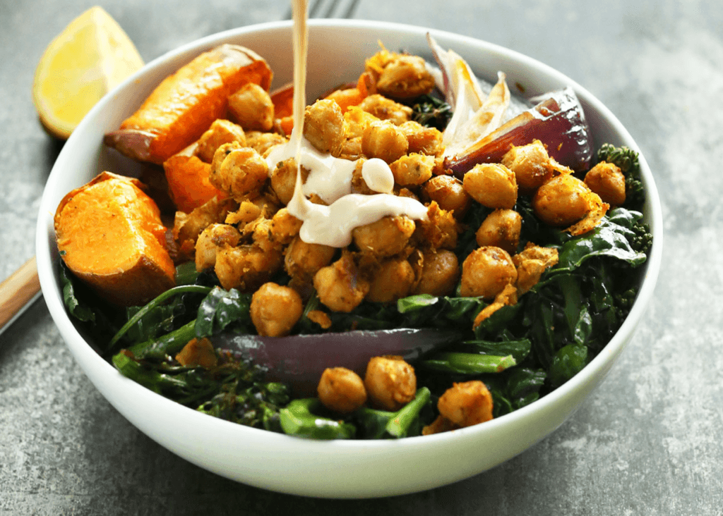 Sweet Potato Chickpea Buddha Bowl with kale and tahini