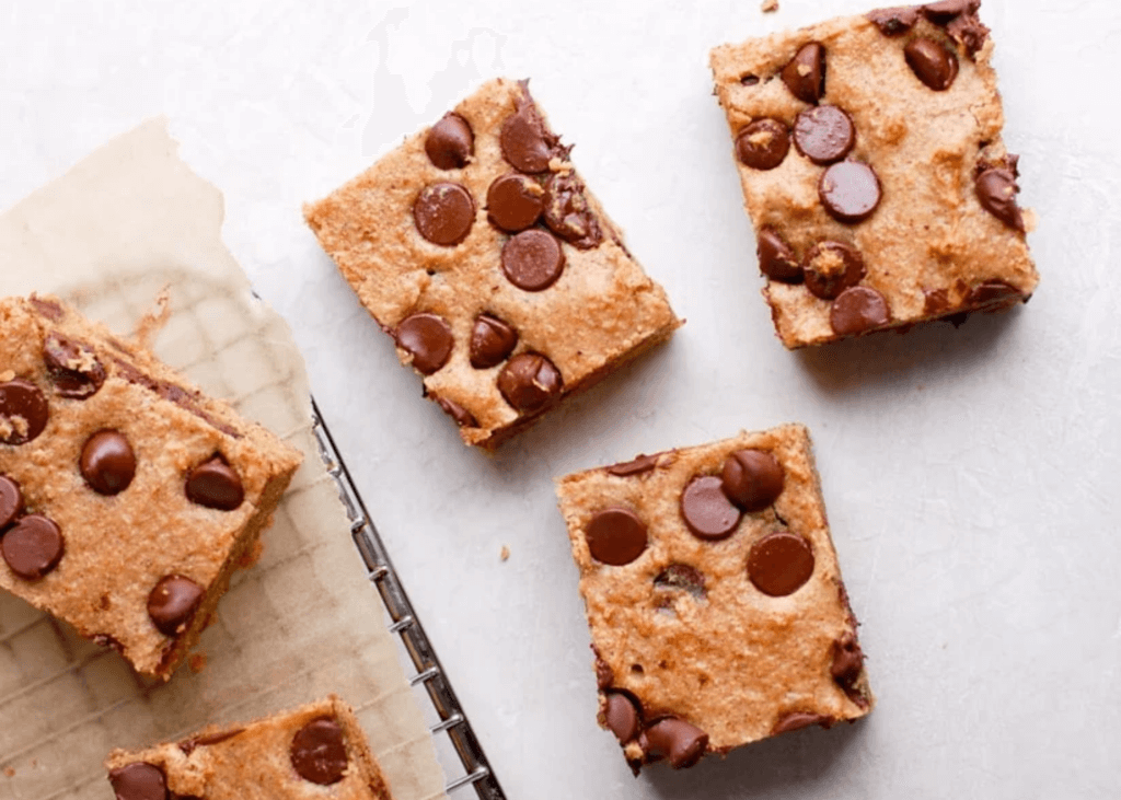 Chickpea Blondies slices on a white table