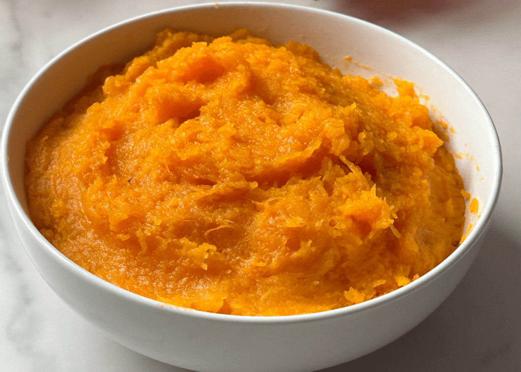 Butternut Squash Puree in a white bowl