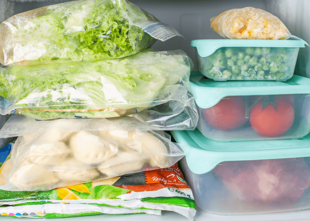 Frozen vegetables in bags in the freezer