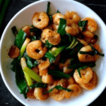 Scallion Ginger Shrimp in a white bowl