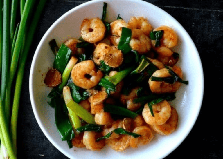 Scallion Ginger Shrimp in a white bowl