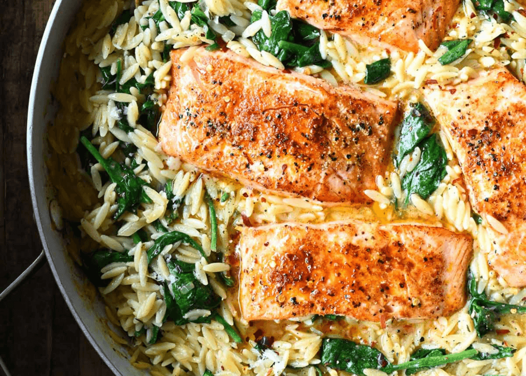 One Skillet Salmon with Lemon Orzo