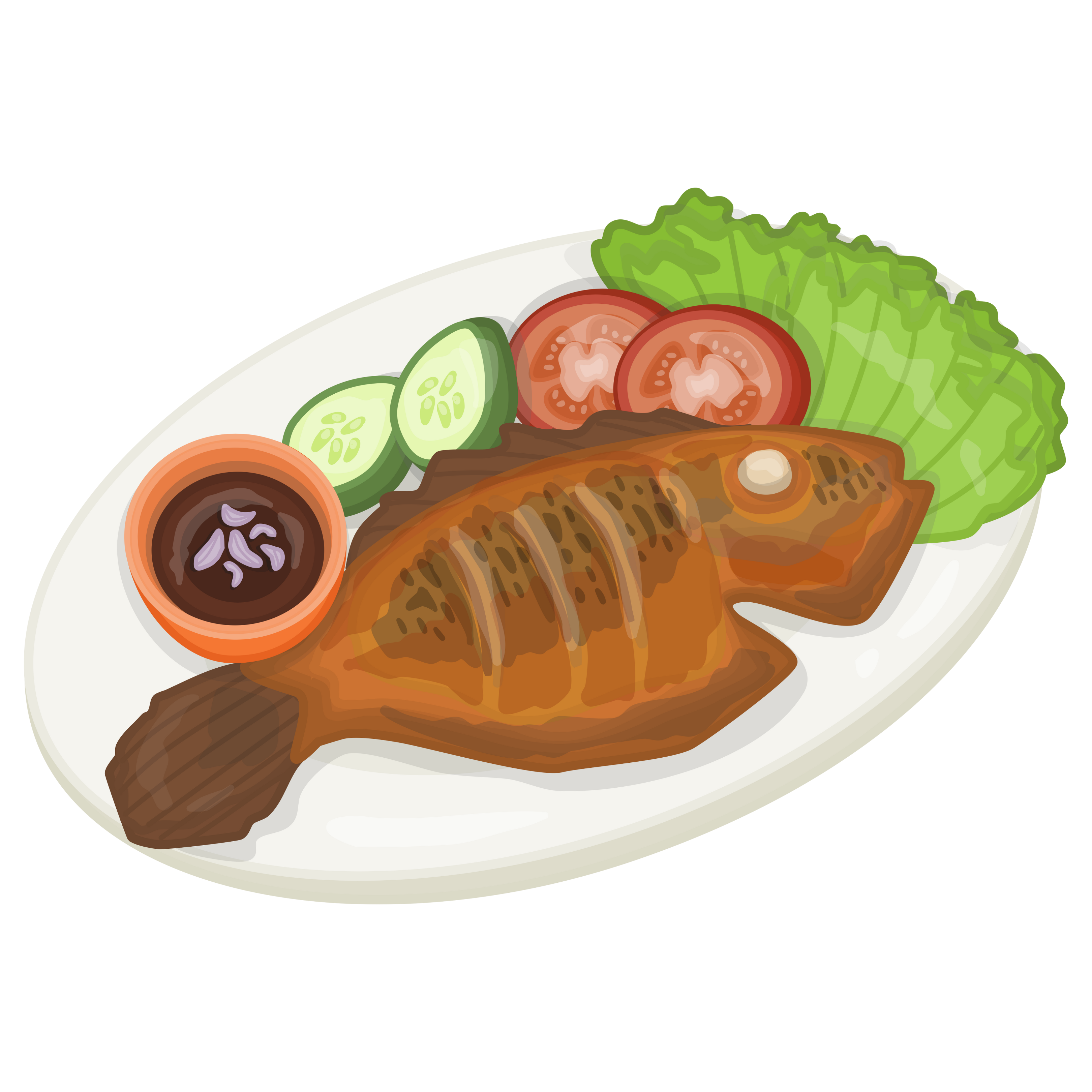 fish on a plate with cucumbers, tomatoes, lettuce, and sauce