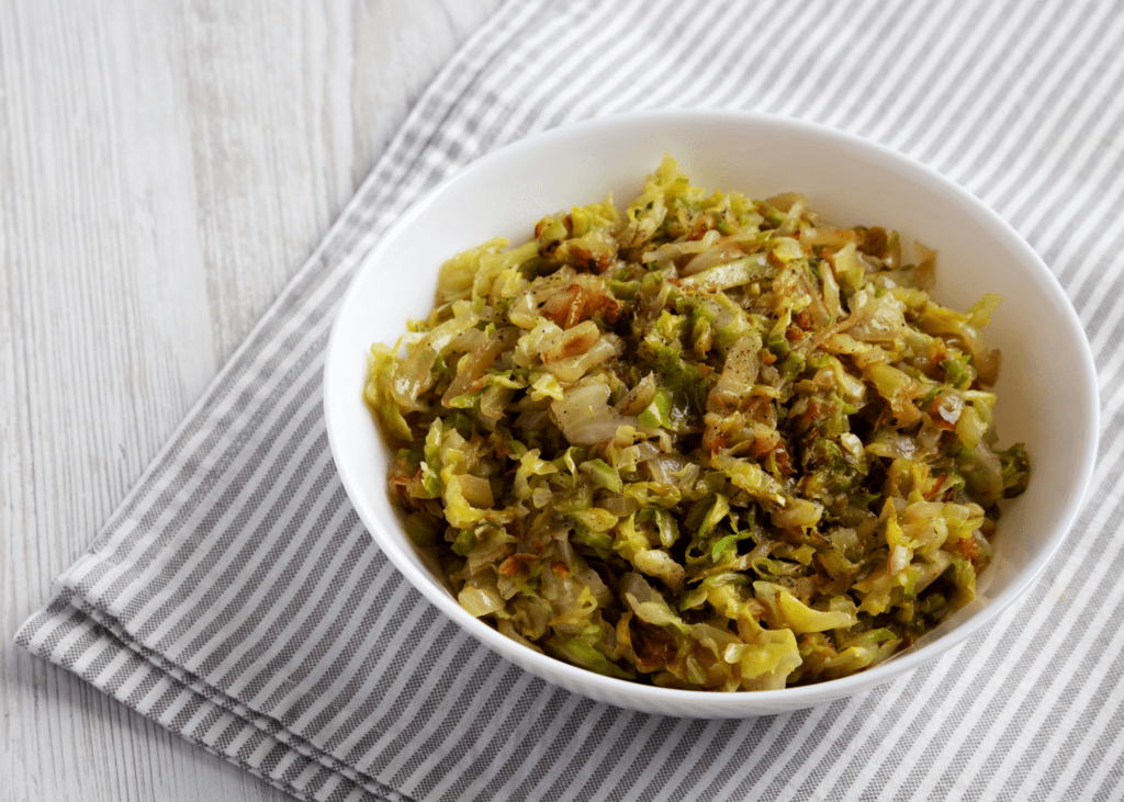 Sautéed Cabbage and Onion in a white bowl