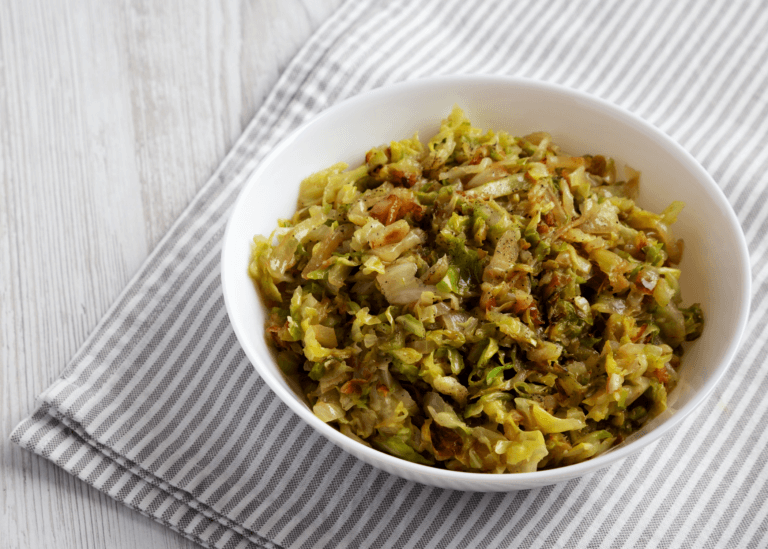 Sautéed Cabbage and Onion in a white bowl