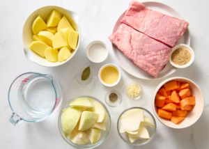 corned beef, potatoes, cabbage, seasonings, carrots all in separate bowls